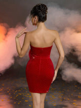 Elegant Romantic Sexy Red Glitter Velvet Organza Three-Dimensional Flower Off-Shoulder Tube Top Slim Party Cocktail Dress
